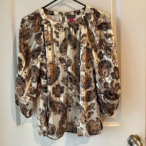 Vince Camuto Cream and Brown Floral Blouse. Small